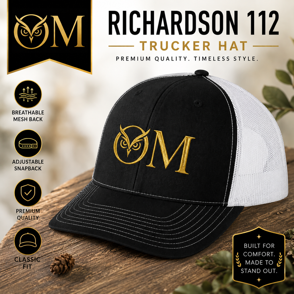 OM Owl Trucker Cap — Spiritual Embroidered Snapback for Yoga & Meditation