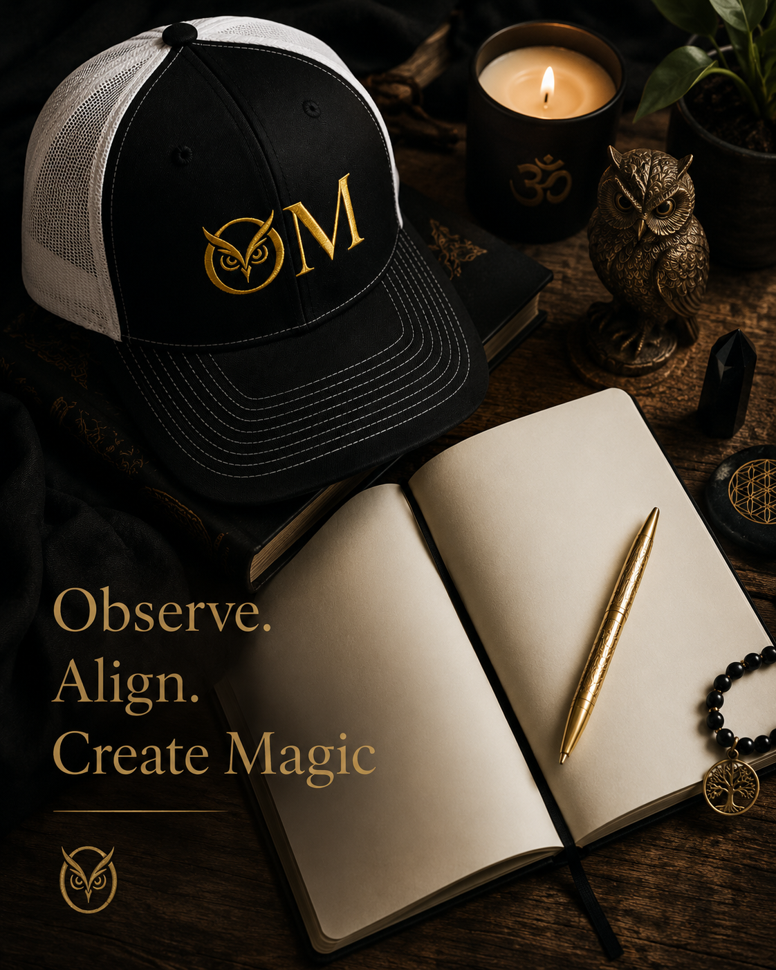 OM Owl Trucker Cap — Spiritual Embroidered Snapback for Yoga & Meditation