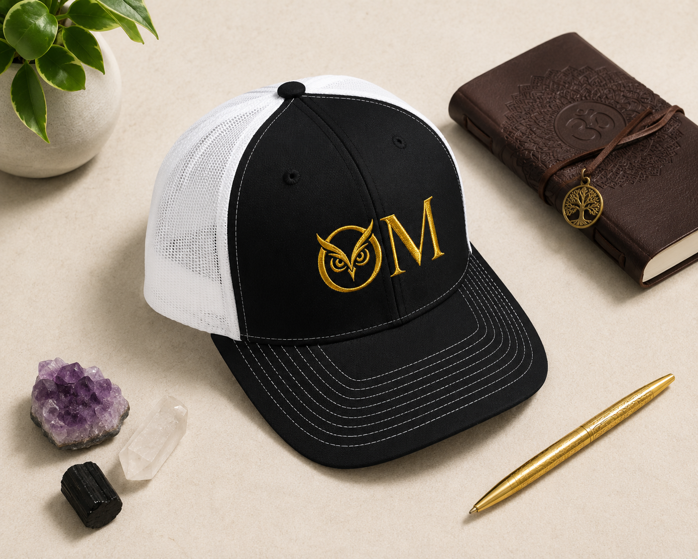 OM Owl Trucker Cap — Spiritual Embroidered Snapback for Yoga & Meditation