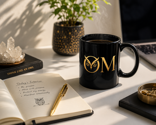 Gold Owl "O M" Black Coffee Mug — Elegant 11oz Ceramic Morning Mug