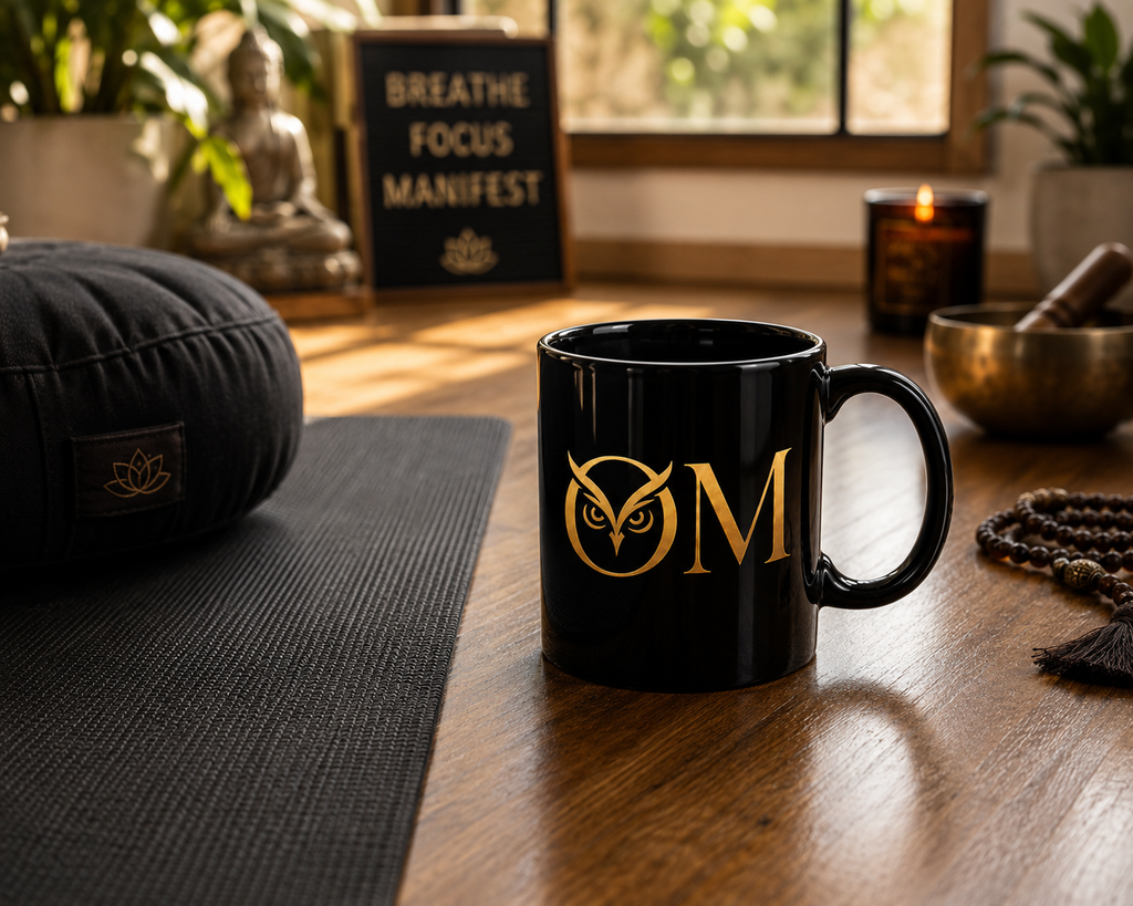Gold Owl "O M" Black Coffee Mug — Elegant 11oz Ceramic Morning Mug