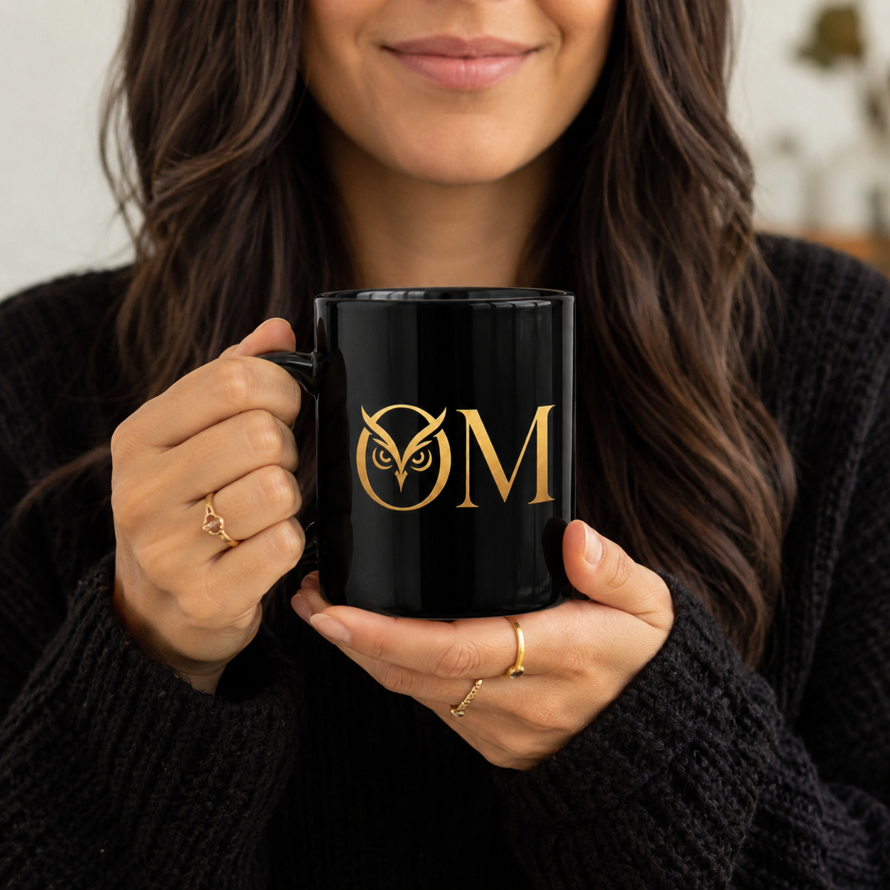 Gold Owl "O M" Black Coffee Mug — Elegant 11oz Ceramic Morning Mug