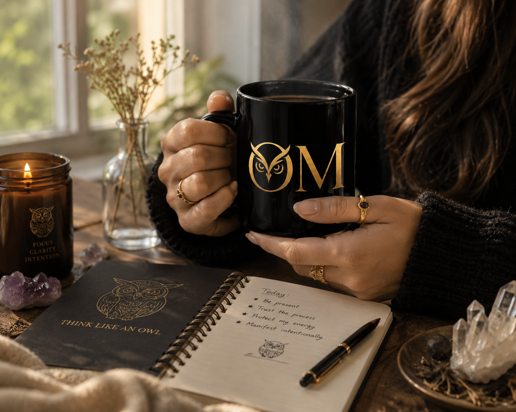 Gold Owl "O M" Black Coffee Mug — Elegant 11oz Ceramic Morning Mug