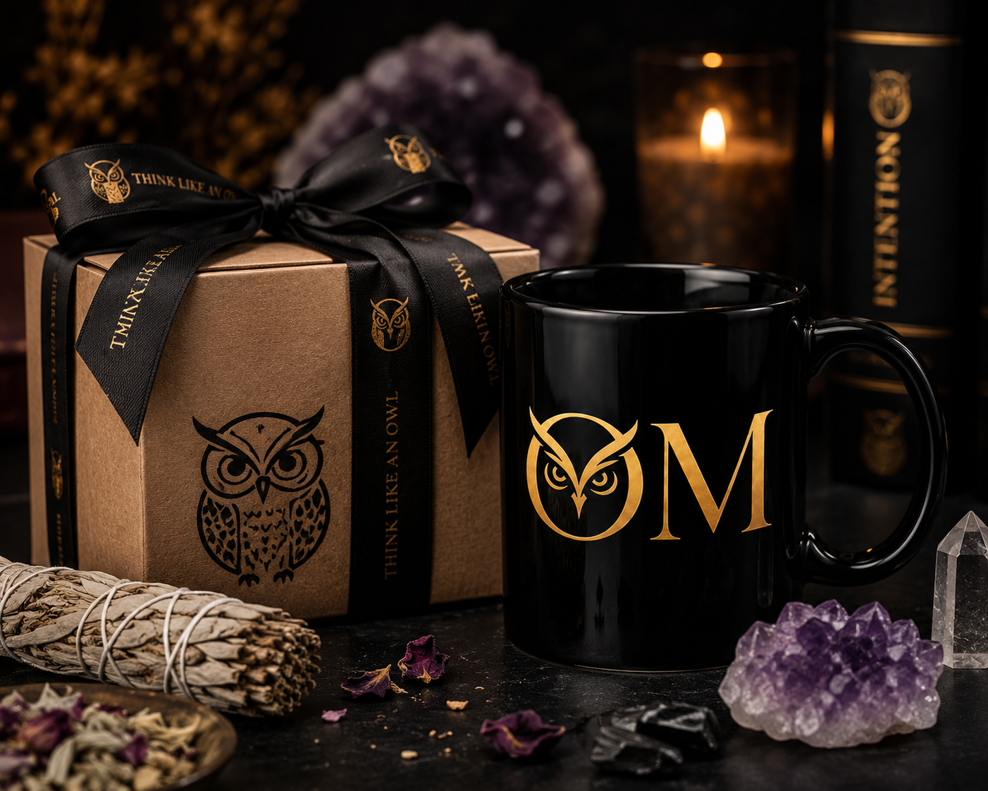 Gold Owl "O M" Black Coffee Mug — Elegant 11oz Ceramic Morning Mug
