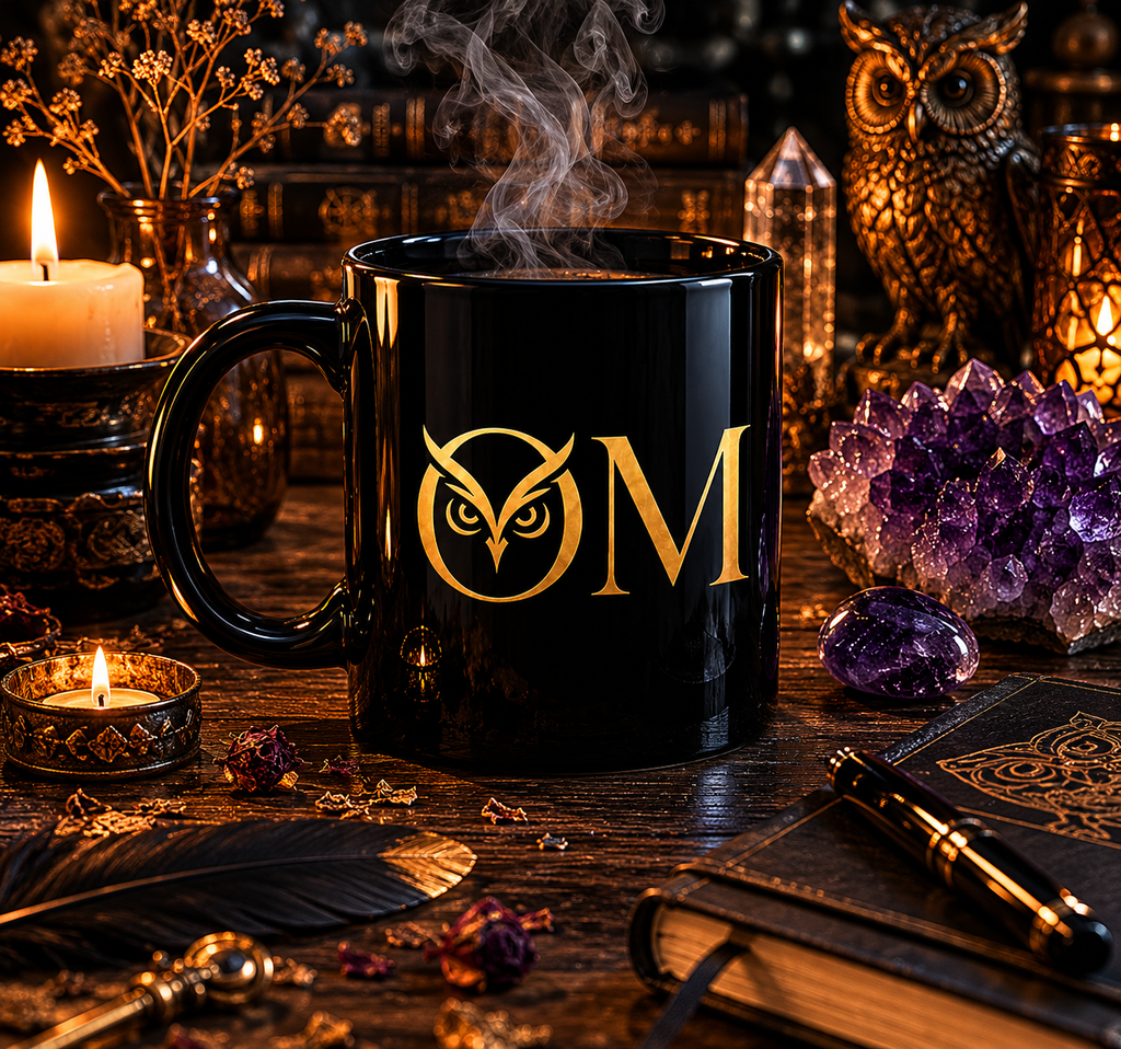Gold Owl "O M" Black Coffee Mug — Elegant 11oz Ceramic Morning Mug