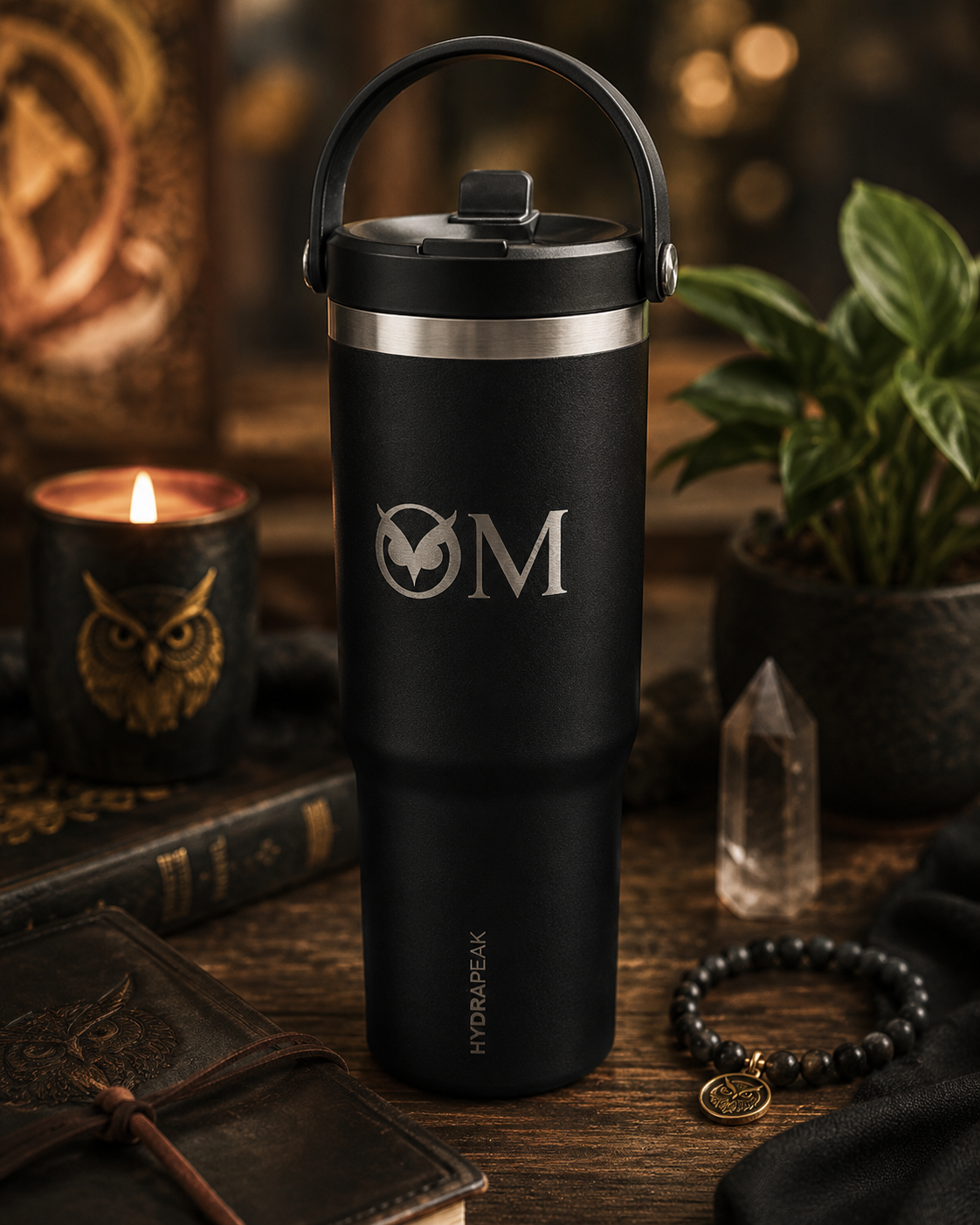 Spiritual Owl Engraved Tumbler — 32oz Insulated Manifestation Water Bottle for Yoga & Mindful Living