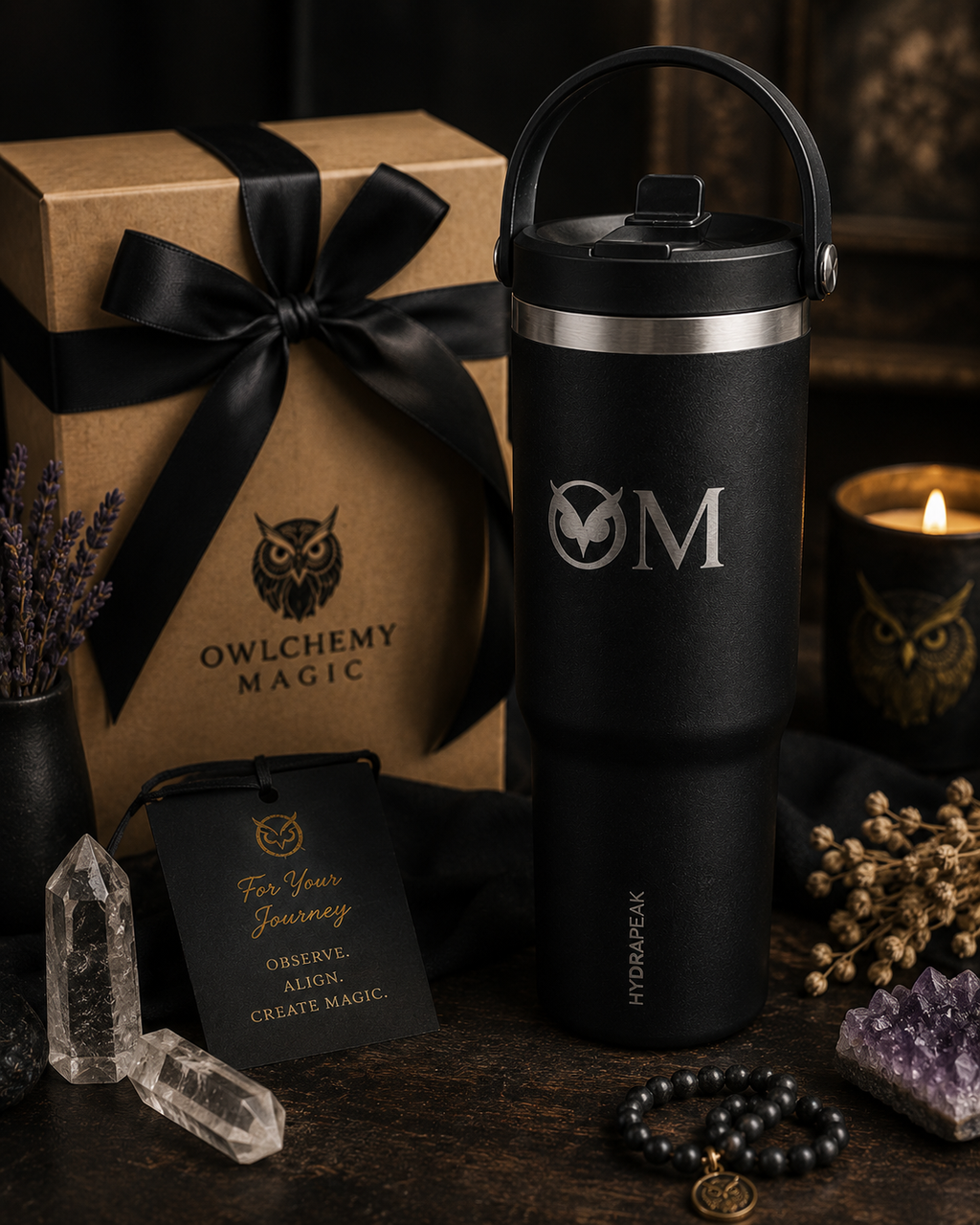 Spiritual Owl Engraved Tumbler — 32oz Insulated Manifestation Water Bottle for Yoga & Mindful Living