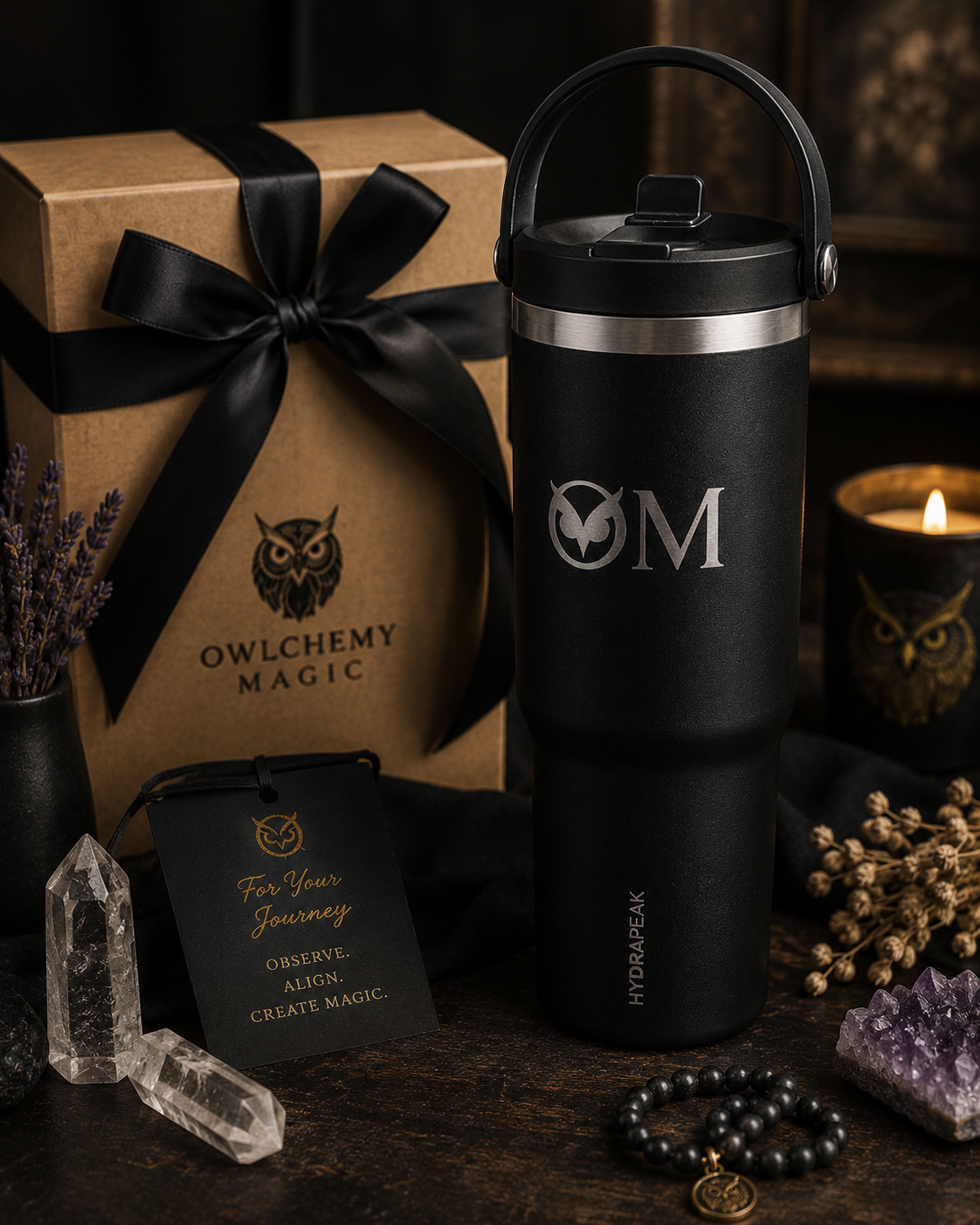 Spiritual Owl Engraved Tumbler — 32oz Insulated Manifestation Water Bottle for Yoga & Mindful Living