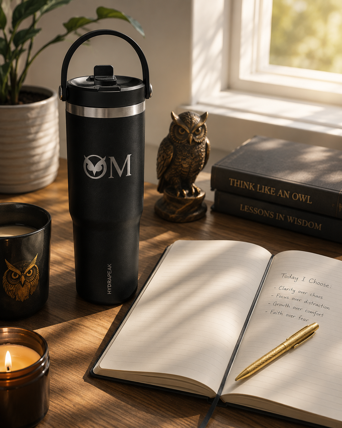 Spiritual Owl Engraved Tumbler — 32oz Insulated Manifestation Water Bottle for Yoga & Mindful Living